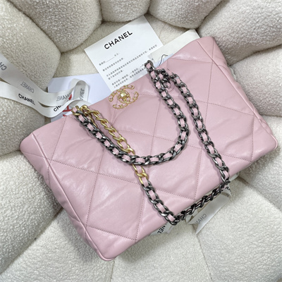 Cha.nel 19 Shopping Bag Lambskin Gold Tone Metal Pink AS3660