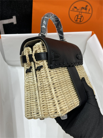 Kelly Mini Picnic Bag 20 Swift Leather Wicker Silver Tone Hardware Black Color HS