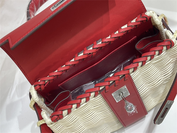 Kelly Mini Picnic Bag 20 Swift Leather Wicker Silver Tone Hardware Red Color HS