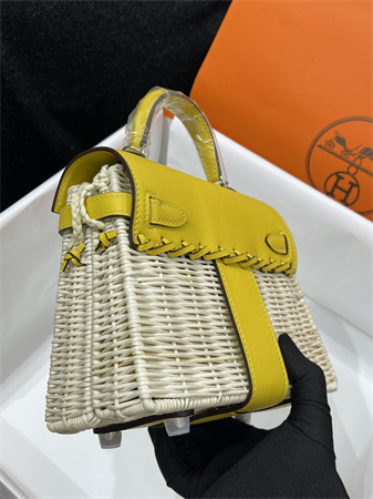 Kelly Mini Picnic Bag 20 Swift Leather Wicker Silver Tone Hardware Yellow Color HS