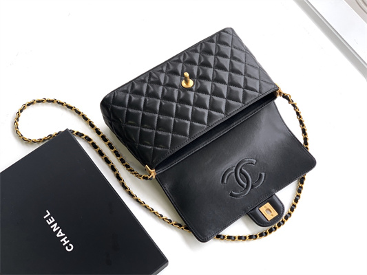 CHANEL Flap Bag With Top Handle Lambskin Gold Tone Metal Black AS5356