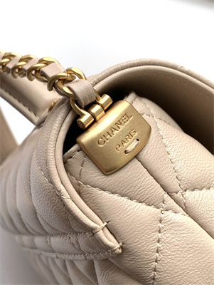 CHANEL Flap Bag With Top Handle Lambskin Gold Tone Metal Beige AS5356