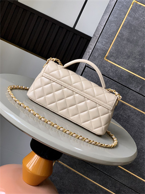 CHANEL Mini Flap Bag With Top Handle Lambskin Gold Tone Metal Beige AS5354