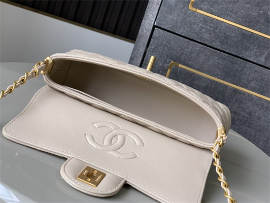 CHANEL Mini Flap Bag With Top Handle Lambskin Gold Tone Metal Beige AS5354