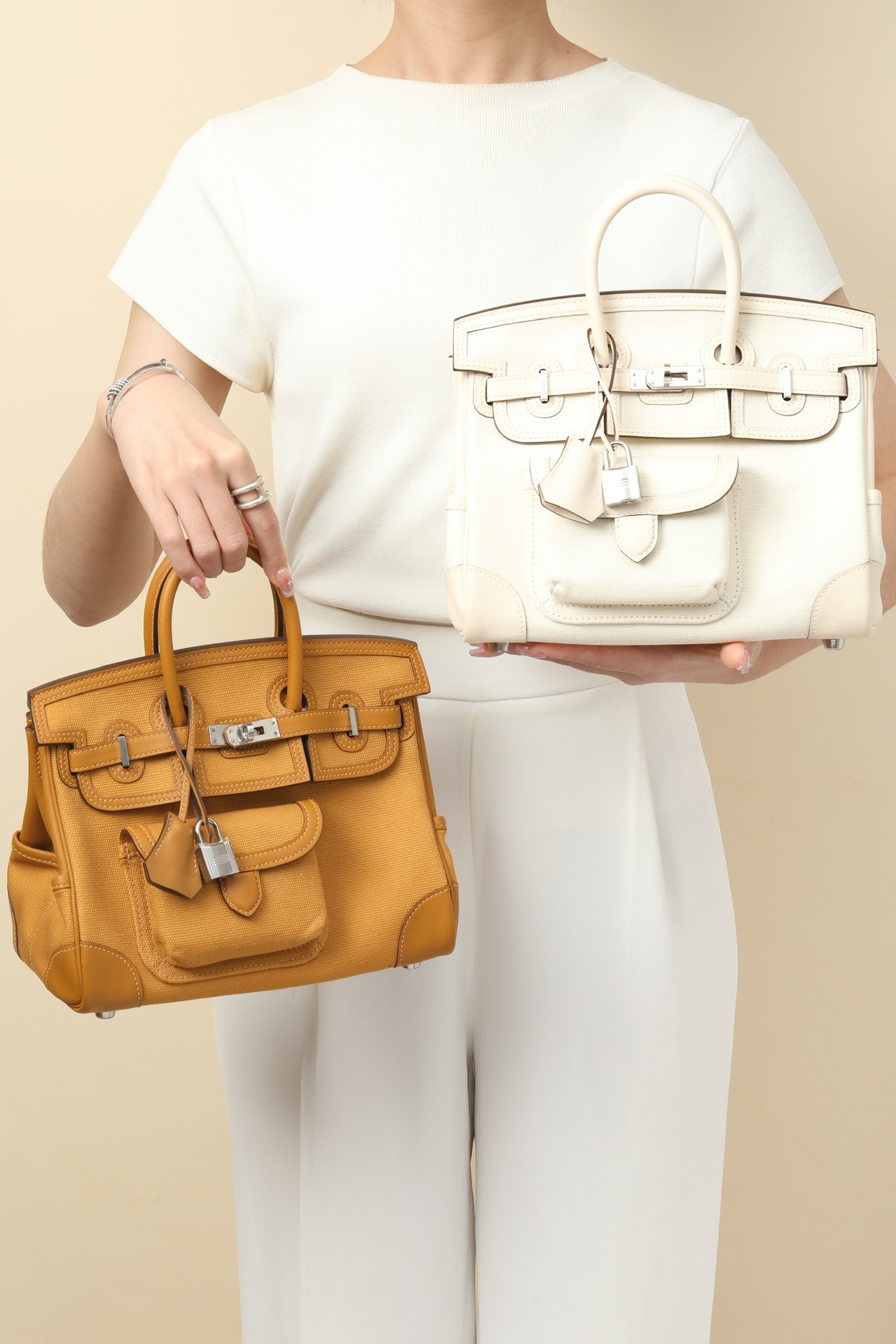 Birkin Cargo Bag 25 Swift Leather/Canvas Silver Hardware 7 Color Options HS