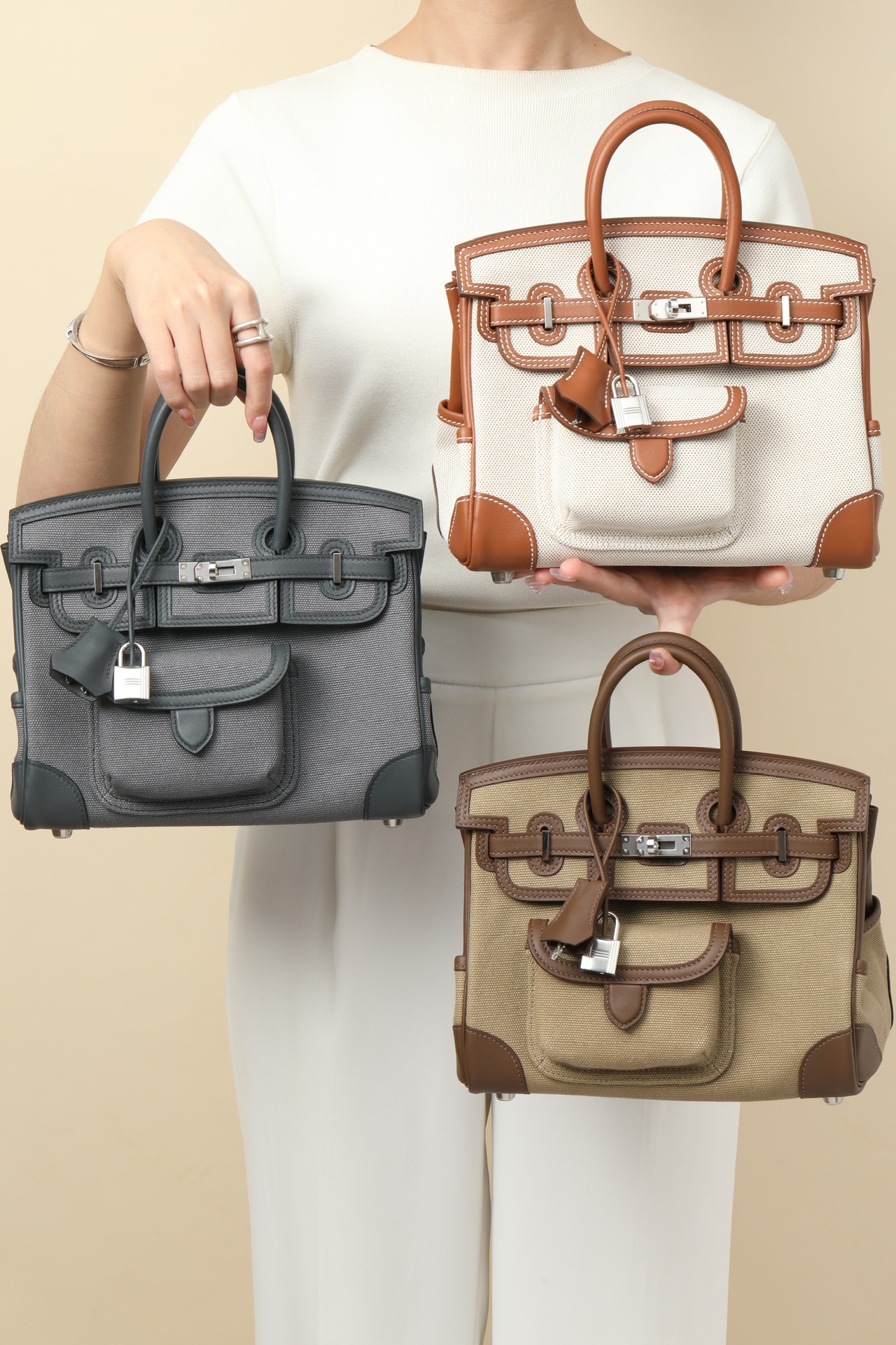 Birkin Cargo Bag 25 Swift Leather/Canvas Silver Hardware 7 Color Options HS