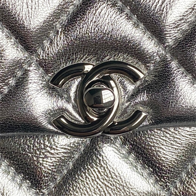 Chanel FLAP PHONE HOLDER WITH CHAIN Lambskin Sivler-Tone Metal Silver AP4592