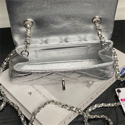 Chanel FLAP PHONE HOLDER WITH CHAIN Lambskin Sivler-Tone Metal Silver AP4592