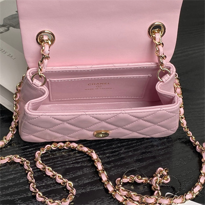Chanel Mini FLAP PHONE HOLDER WITH CHAIN Lambskin Gold-Tone Metal Pink AP4593