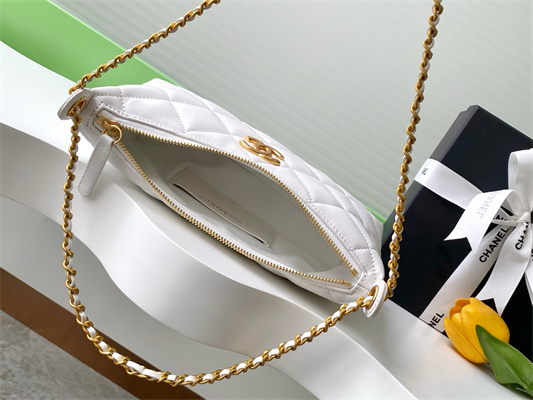 Chanel Hobo Bag Lambskin Gold Tone Metal White AS5528