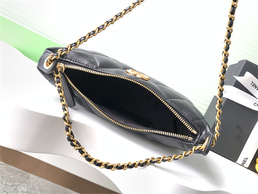 Chanel Hobo Bag Lambskin Gold Tone Metal Black AS5528