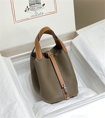 Picotin Lock Bag 18 Togo Leather Silver Tone Metal In Etoupe/Gold HS