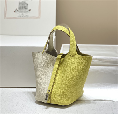 Picotin Lock Bag 18 Togo Leather Silver Tone Metal In Craie/Jaune Poussin HS