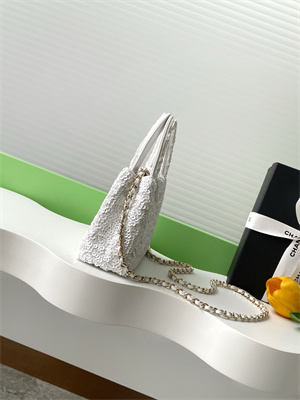 Cha.nel Mini Shopping Bag Kelly Bag Sequins Gold-Tone Metal White AS4416