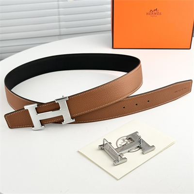 Hermes Men’s Reversible Belt 38MM Calfskin Leather Silver Tone Hardware Brown/Black
