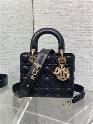CD Small Lady Di.or My ABCDior Bag Cannage Lambskin Gold Tone Metal With Pearl Charm Black