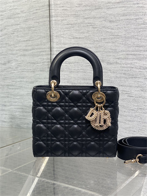 CD Small Lady Di.or My ABCDior Bag Cannage Lambskin Gold Tone Metal With Pearl Charm Black