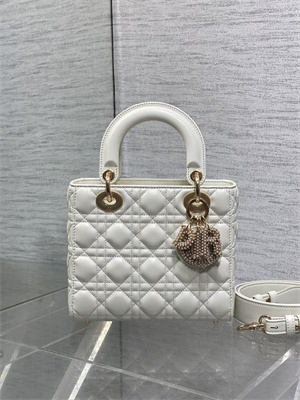 CD Small Lady Di.or My ABCDior Bag Cannage Lambskin Gold Tone Metal With Pearl Charm White