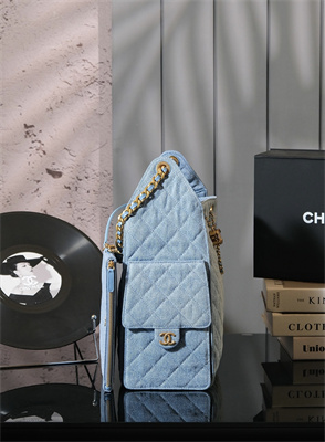 Chanel 25 Medium Handbag Denim Blue Gold Tone Metal Blue AS5311