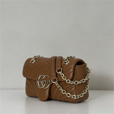 Gu.cci GG Marmont Small shoulder bag matelassé chevron lambskin leather Lt Gold toned hardware Brown 837280