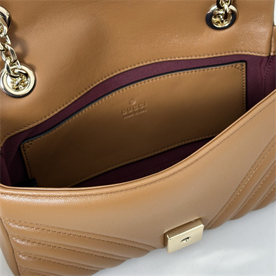 Gu.cci GG Marmont Small shoulder bag matelassé chevron lambskin leather Lt Gold toned hardware Brown 837280