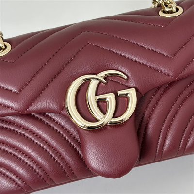 Gu.cci GG Marmont Small shoulder bag matelassé chevron lambskin leather Lt Gold toned hardware Rosso Ancora red 837280