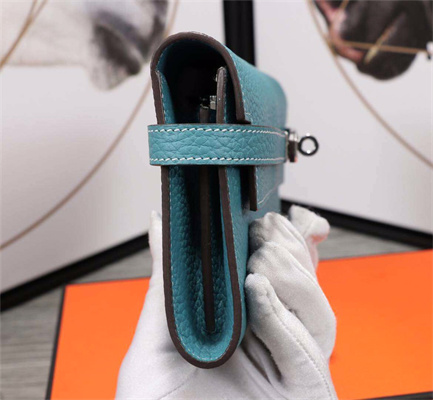 Her.mes Kelly Classic Wallet Calfskin Blue Jean Color Silver tone Metal