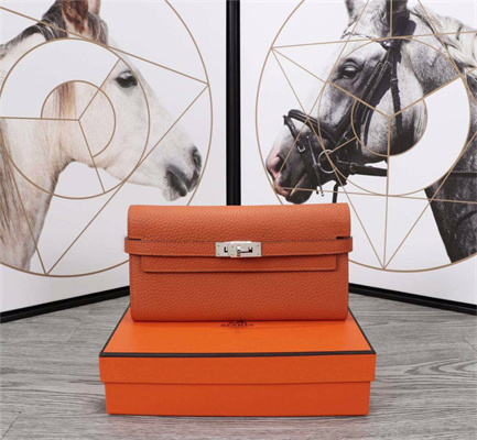 Her.mes Kelly Classic Wallet Calfskin Orange Color Silver tone Metal