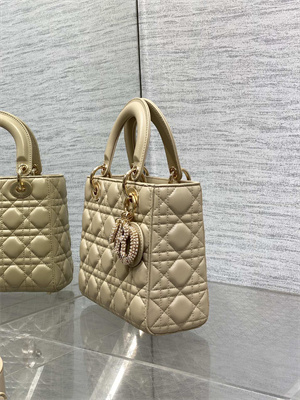 CD Small Lady Di.or My ABCDior Bag Cannage Lambskin Gold Tone Metal With Pearl Charm Beige