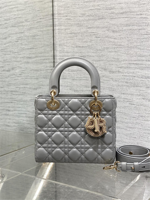 CD Small Lady Di.or My ABCDior Bag Cannage Lambskin Gold Tone Metal With Pearl Charm Grey