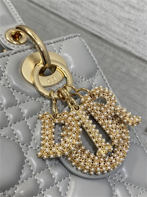 CD Small Lady Di.or My ABCDior Bag Cannage Lambskin Gold Tone Metal With Pearl Charm Grey
