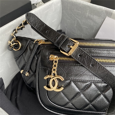 Chanel Waist Bag Aged Calfskin Gold-Tone Metal Black AS1077