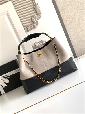 Chanel Small Shopping Bag Suede Calfskin, Shiny Lambskin & Gold-Tone Metal Grey & Black AS5634