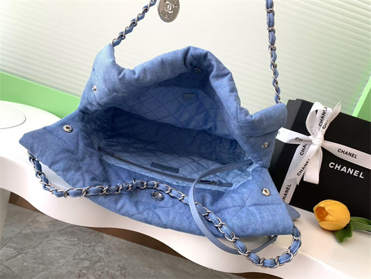 Cha.nel 22 Small Handbag Denim Blue Silver Tone Metal AS3260