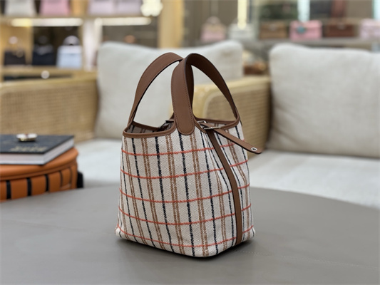 Picotin Lock 18 Bag in H canvas and Swift calfskin with “Couverture Carre” embroidery Gold HS