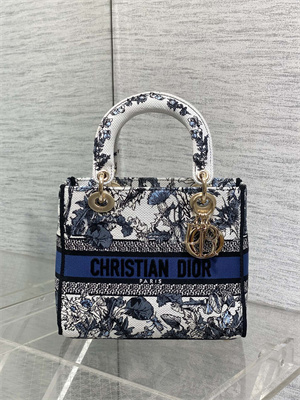 CD Medium Lady D-Lite Bag  Embroidery White&Blue