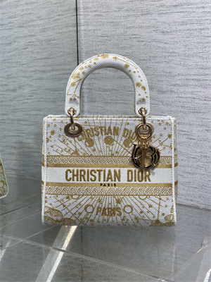 CD Medium Lady D-Lite Bag  Embroidery White &Gold