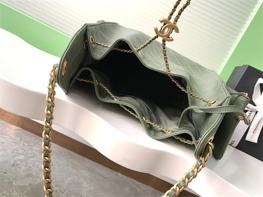 Chanel 25 Small Handbag Grained Calfskin Gold Tone Metal Green AS5293