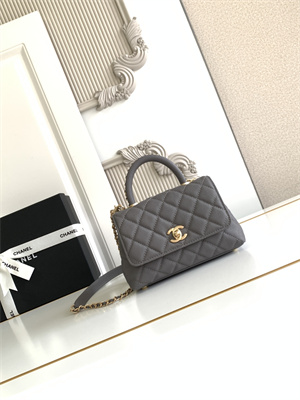 Cha.nel Mini Coco Handle Bag Grained Calfskin Aged Gold Metal Grey AS2215