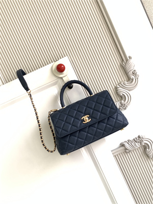 Cha.nel Small Coco Handle Bag Grained Calfskin Aged Gold Metal Navy A92990