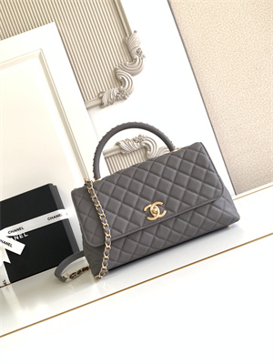 Cha.nel Large Coco Handle Bag Grained Calfskin Aged Gold Metal Grey A92991