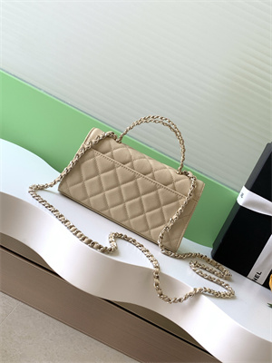 Cha.nel Clutch With Chain Top Handle Grained Calfskin Gold Tone Metal Beige AP3238