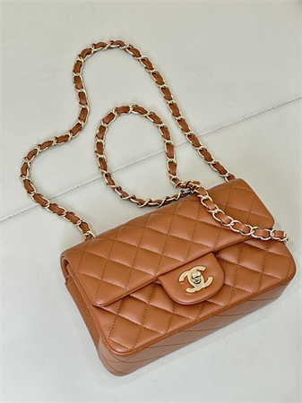 Chanel Mini Classic Flap Bag Lambskin Gold Tone Metal Caramel Color 01116 TOP