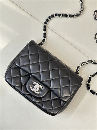 Chanel Super Mini Classic Flap Bag Lambskin Silver Tone Metal Black 01115 TOP
