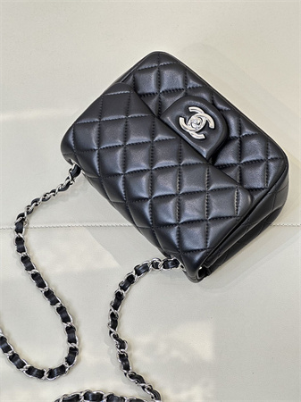 Chanel Super Mini Classic Flap Bag Lambskin Silver Tone Metal Black 01115 TOP