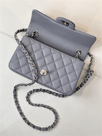 Chanel Mini Classic Flap Bag Grained Calfskin Silver Tone Metal Dk Grey 01116 TOP