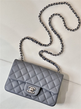 Chanel Mini Classic Flap Bag Grained Calfskin Silver Tone Metal Dk Grey 01116 TOP