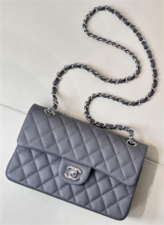 Chanel Small Classic Flap Bag Grained Calfskin Silver Tone Metal Dk Grey 01117 TOP