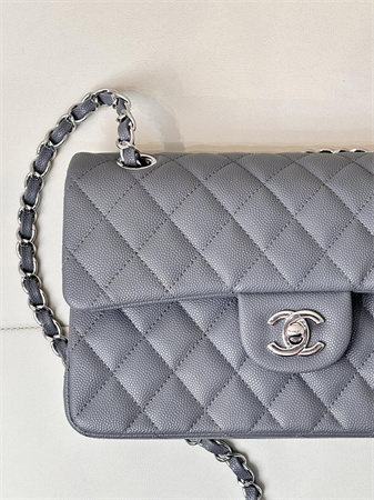 Chanel Small Classic Flap Bag Grained Calfskin Silver Tone Metal Dk Grey 01117 TOP
