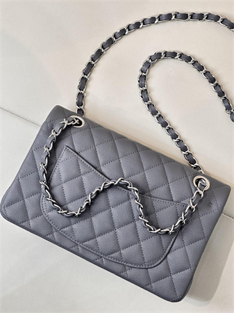 Chanel Small Classic Flap Bag Grained Calfskin Silver Tone Metal Dk Grey 01117 TOP